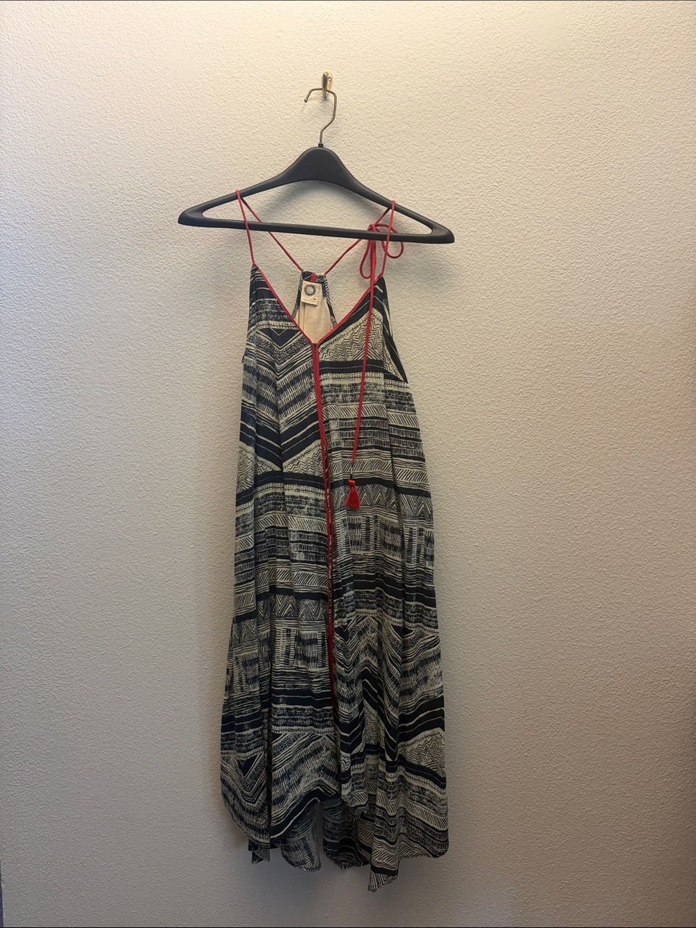 Black & White Asymmetrical Spaghetti-Strap Dress with Red Trim